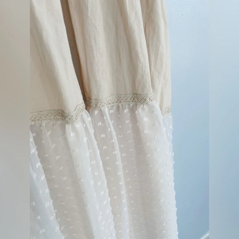 Prairie Cottagecore Tiered Overall Dress Beige Lace Trim Adjustable Straps M/L - Picture 4 of 8